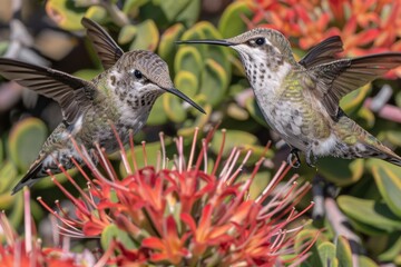 Naklejka premium Elegantly soaring hummingbirds targeting vibrant flower nectar with grace and beauty