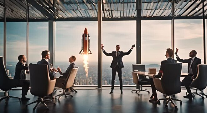 Business people next to a rocket. Concept of financial success.