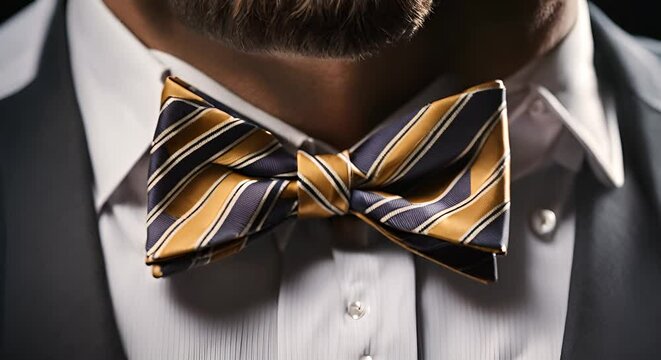 Close up of bow tie on a men's suit.