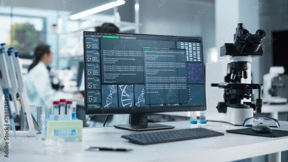 Leinwandbilder Desktop Display Standing on a Table in a Modern Science Laboratory. Computer Software Analyzing DNA Sequence and Generating Report for a Research Team, Anonymous Specialists Working in the Background