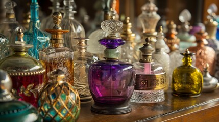 colourful antique perfume bottles on the shelf. 