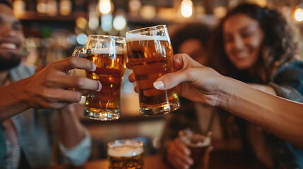 Multiracial friends cheersing beer glasses at brewery pub restaurant - Group of young people enjoying happy hour drinking alcohol at bar table - Lifestyle, food and beverage concept.