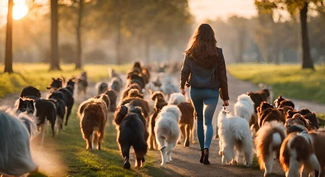 Dog walker woman with many dogs in the park.