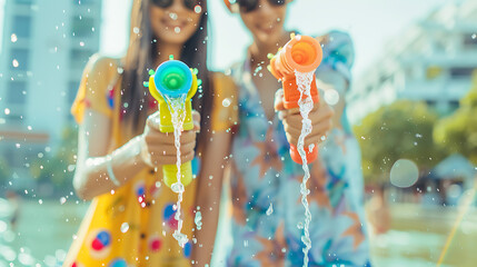 Summer fun: Woman holding colorful squirt water gun with city background, concept for Water festival holiday.