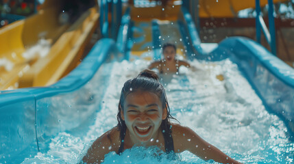 Portrait of girl slide down a slide in a water park. She is happy and joyful, full of energy. 