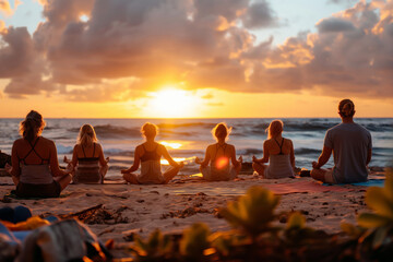 Group of friends participates in a peaceful yoga session on the beach during a beautiful sunset