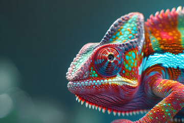 close-up of a colorful chameleon lizard on a pale green empty background with space for text or...