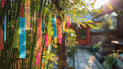 Tanabata, On the day of the holiday, bamboo branches are hung in front of the doors of houses and garden gates, to which long thin strips of paper are attached, on which various wishes are written