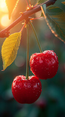 Two cherries hang vertically downward on a horizontal branch - obrazy, fototapety, plakaty
