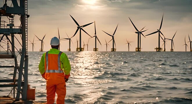 Windmills farm on the sea.