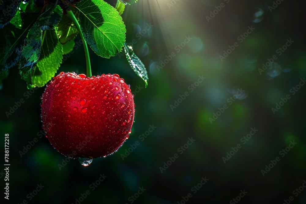 Poster macro close up of fresh cherry with dew on tree, wide banner with copy space for text