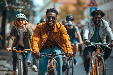 Obraz premium Multicultural friends smiling and cycling together on a sunny urban street