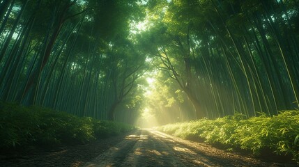Fototapeta na wymiar Japanese bamboo forest, creating a sense of depth and tranquility. AI generate illustration