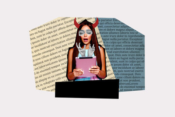 Composite photo collage of creepy sleep scared woman devil horns hold tablet peek hands obsession...