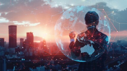 A businessman, surrounded by a digital globe, merges with the urban skyline, symbolizing the fusion of technology and corporate prowess in today's interconnected world.
