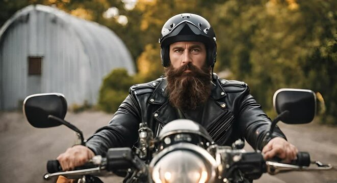 Biker man with beard and motorcycle helmet.