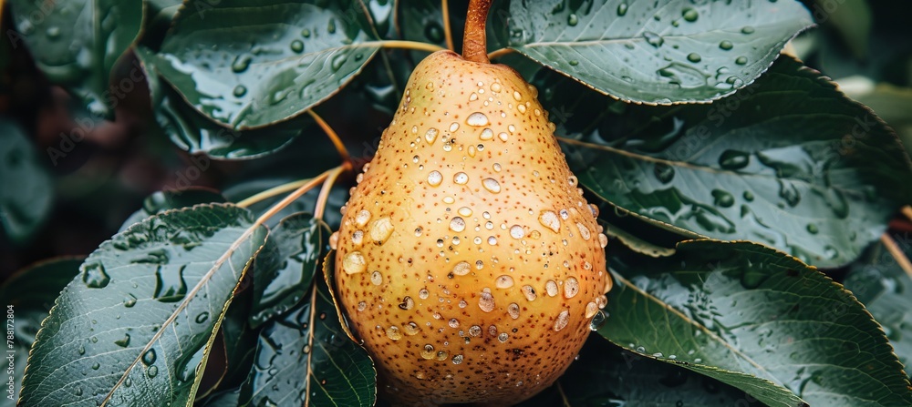 Poster macro close up of fresh pear with dew drops hanging on tree, wide banner with copy space for text