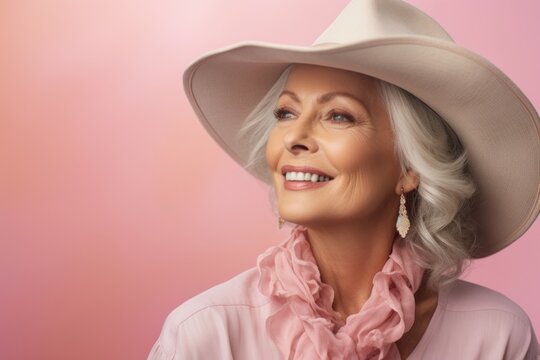 Portrait of a merry woman in her 60s wearing a rugged cowboy hat in front of pastel or soft colors background