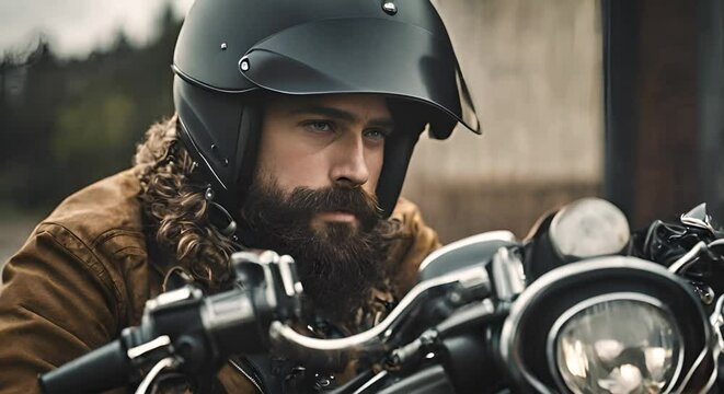 Biker man with beard and motorcycle helmet.