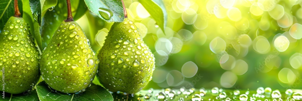 Poster macro close up fresh pear with dew drops hanging on tree, wide banner with space for text