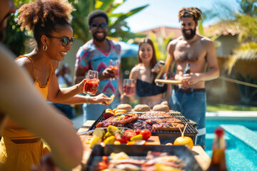 Diverse group of happy friends gathering around a barbecue grill by the pool, enjoying summer - Powered by Adobe