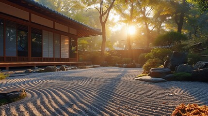Japanese Zen garden with carefully raked gravel. AI generate illustration - obrazy, fototapety, plakaty
