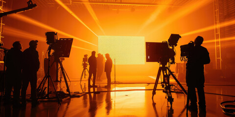 Fototapeta premium Film crew is working on a set. There are several people standing behind cameras and other equipment. There is a large screen in the background and a lot of smoke in the air.