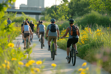 Diverse cyclists enjoy a ride on a picturesque bike path surrounded by nature