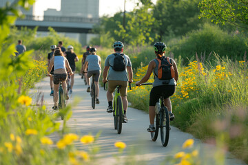 Obraz premium Diverse cyclists enjoy a ride on a picturesque bike path surrounded by nature