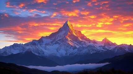 A striking silhouette of a mountain peak against a vibrant sunset sky. AI generate illustration - obrazy, fototapety, plakaty