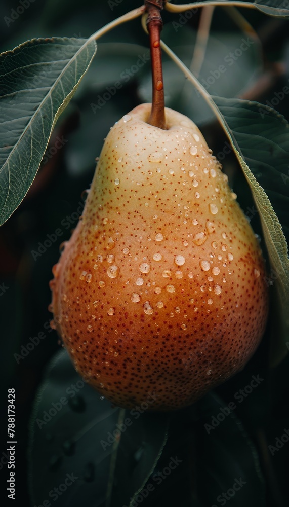 Aufkleber macro close up of fresh pear fruit with dew drops on tree, ideal wide banner with space for text