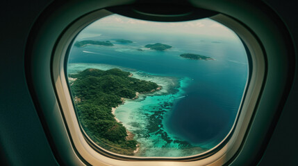 Fototapeta premium Islands in from an airplane window. The islands are covered in lush green vegetation and surrounded by crystal-clear blue water.