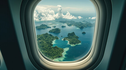 Fototapeta premium Islands in from an airplane window. The islands are covered in lush green vegetation and surrounded by crystal-clear blue water.