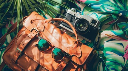 A close-up still life of modern, hipster-style women's accessories including a leather bag, camera, and sunglasses, all arranged under a tropical-themed print in sunny colors