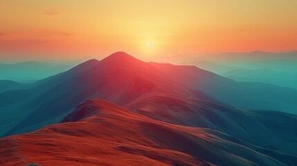 Mountain ridge during sunset, showcasing a gradient of warm colors in the sky. AI generate illustration - obrazy, fototapety, plakaty