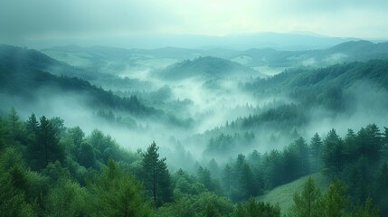 A mountain valley covered in a blanket of fog, adding an air of mystery to the landscape. AI generate illustration - obrazy, fototapety, plakaty
