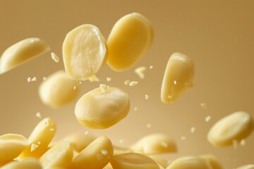 Close up of marzipan flying in the air, light beige background, studio photography, professional food photography, light and shadow, clean sharp focus.
