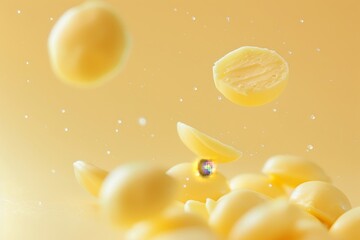 Falling marzipan on a light yellow background, closeup macro photography in high resolution with high detail.