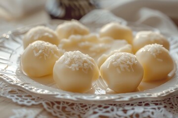 White marzipan with coconut on white lace plate, closeup view, natural light, warm tones.