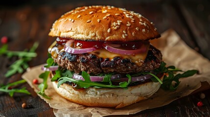 Deluxe Wagyu Burger Symphony with Artisan Cheese & Arugula. Concept Gourmet Dining, Wagyu Beef, Artisanal Cheese, Arugula, Deluxe Burgers