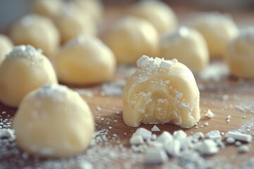 A closeup of white marzipan, cut in half to reveal the soft and creamy center.