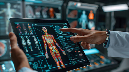 A man is pointing at a tablet displaying a human body. Concept of curiosity and fascination as the man examines the intricate details of the human anatomy - obrazy, fototapety, plakaty
