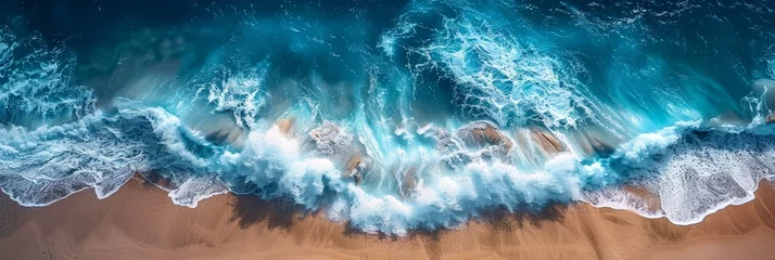Fotobehang top view crashing waves on shoreline beach, tropical beach background, abstract aerial ocean view © Руслан Галиуллин