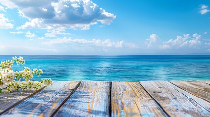 A conceptual summer setting on a wooden surface with a background of blue water - obrazy, fototapety, plakaty