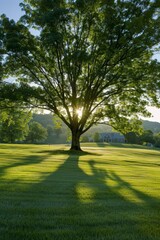 Naklejka premium A large tree stands in the center of an open field, with sunlight filtering through its leaves 
