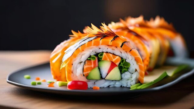 BLACK DRAGON ROLL crabmeat, avocado, kappa Inside with unagi, avocado, fish flakes and fish restaurant decorated. Sushi roll set on black slate background. Various Sushi Japanese food in restaurant