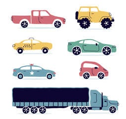 A set of modern cars. Taxi, policeman, convertible, pickup truck.  City cars in a flat style. for the Internet, print, banner, card. vector art illustration.