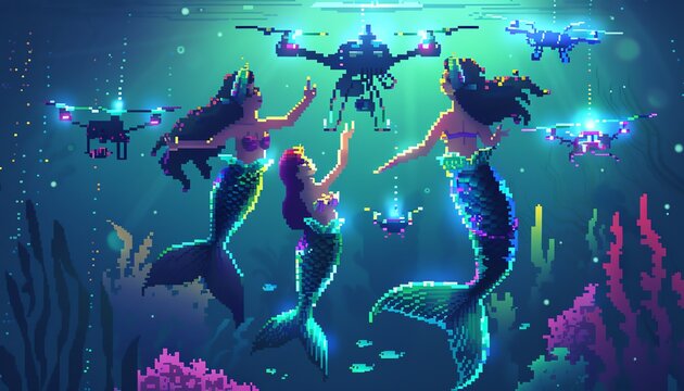 Craft a dynamic image showcasing a group of mermaids interacting with floating drones underwater, combining pixel art with iridescent colors to bring a unique depth to the composition