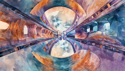 Craft a minimalist watercolor masterpiece featuring a mesmerizing worms-eye view of a futuristic virtual reality landscape, adding depth with unexpected camera angles