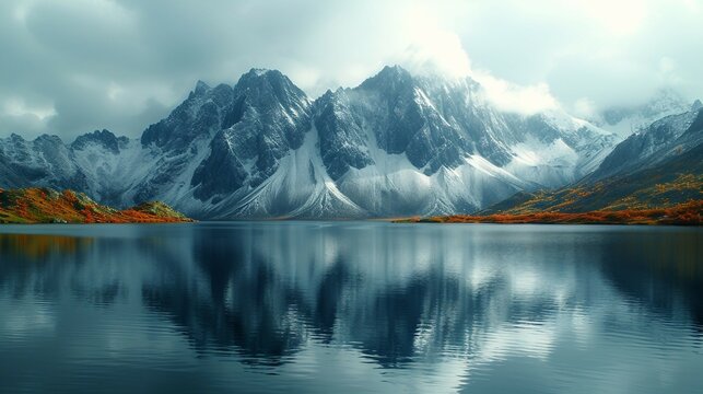Secluded mountain lake reflecting the surrounding peaks in calm water. AI generate illustration